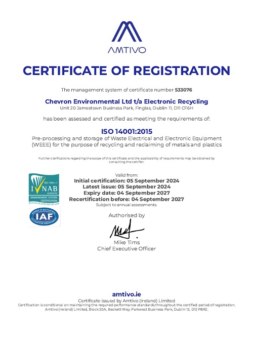 Electronic Recycling ISO14001-2015 Certificate